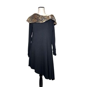 Simon Chang Black Ruched Long Sleeve Dress Faux Fur Sequin Collar Asymmetric Hem